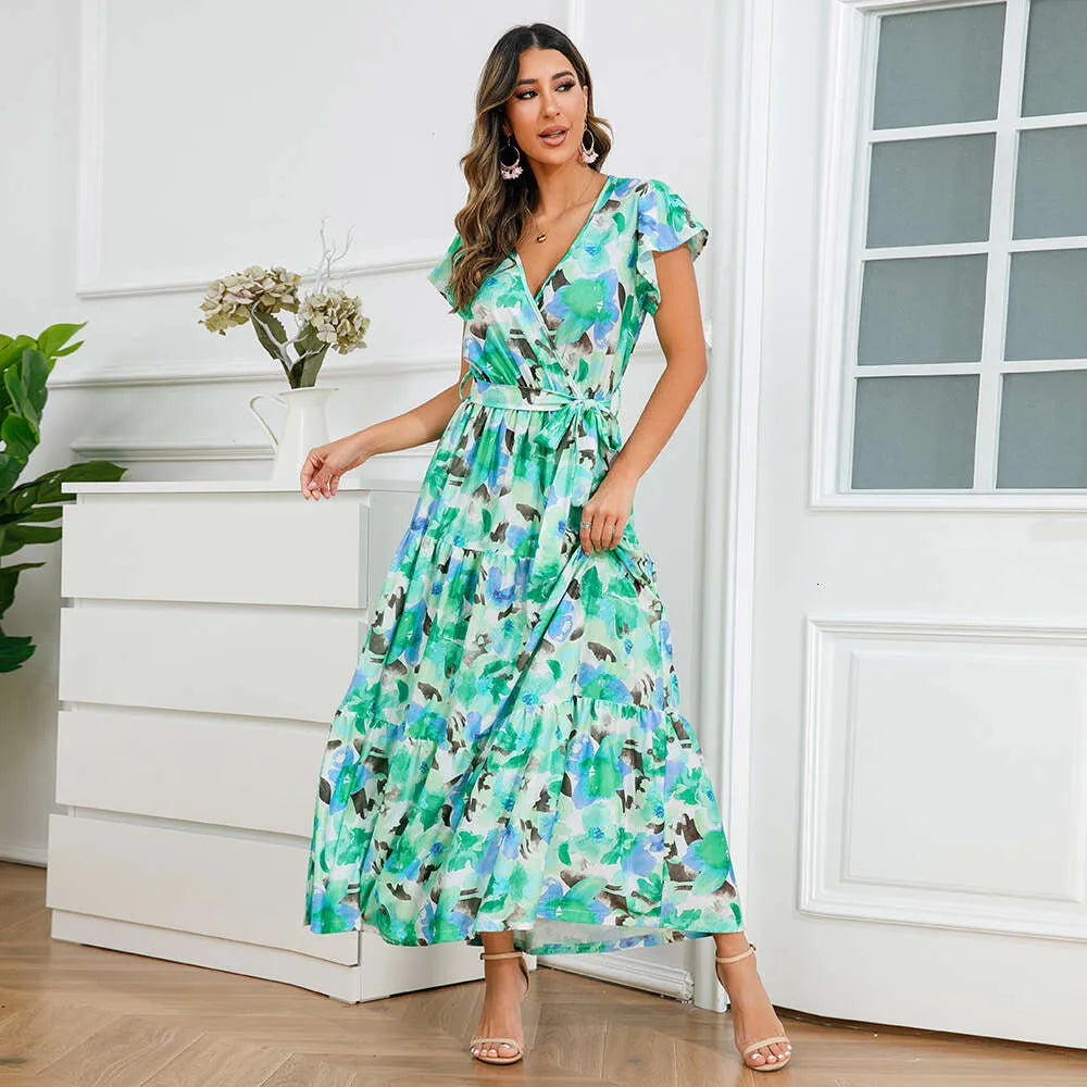 2024 Summer Women's New V-neck Ruffle Sleeve Bohemian Print Long Dress Oversized