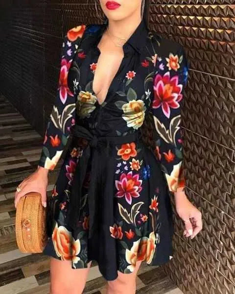 2023 Spring Casual Dresses Plus Size 3XL Women Lace Up Button Down Chain Printed Lapel Neck Party Dress Sexy Bandage Skirt 211 T230808