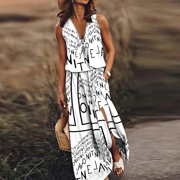 Casual Dresses Long Dress Summer Women Sleeveless Letter Print V Neck Zipper Pocket Split Up Beach Holiday For