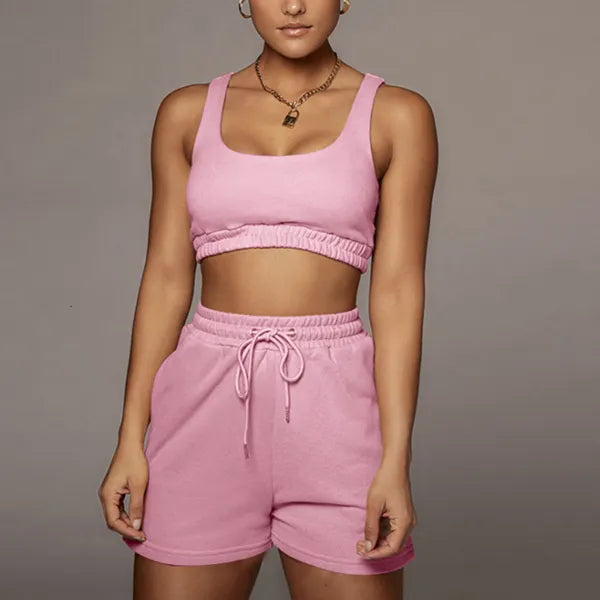 Women's Two Piece Pants Casual Solid Sportswear Two Piece Sets Women Crop Top And Drawstring Shorts Matching Set Summer Athleisure Outfits 230316