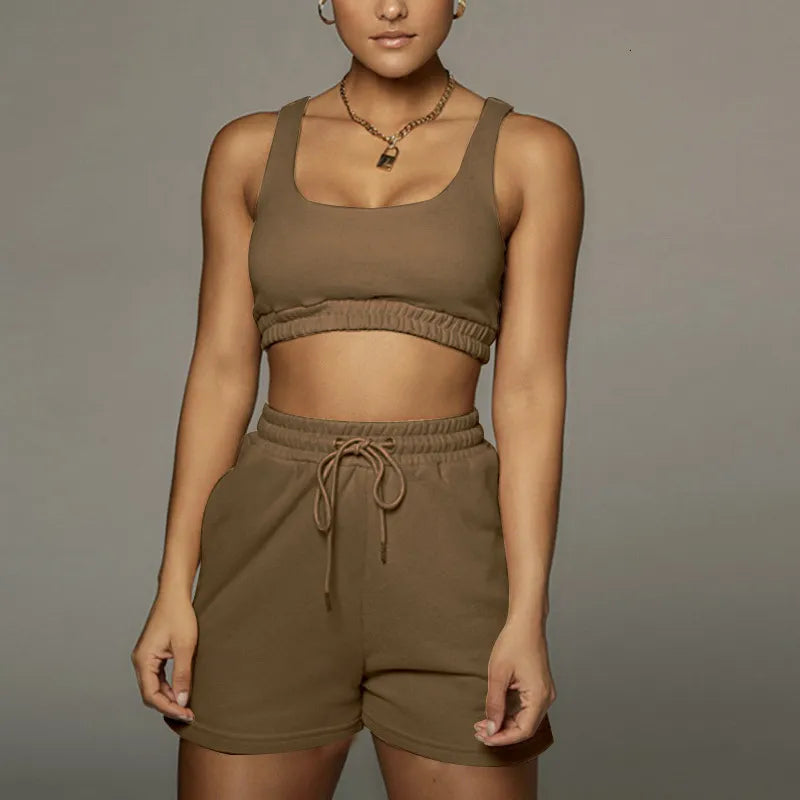 Women's Two Piece Pants Casual Solid Sportswear Two Piece Sets Women Crop Top And Drawstring Shorts Matching Set Summer Athleisure Outfits 230316