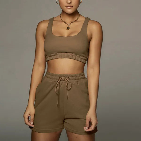 Women's Two Piece Pants Casual Solid Sportswear Two Piece Sets Women Crop Top And Drawstring Shorts Matching Set Summer Athleisure Outfits 230316