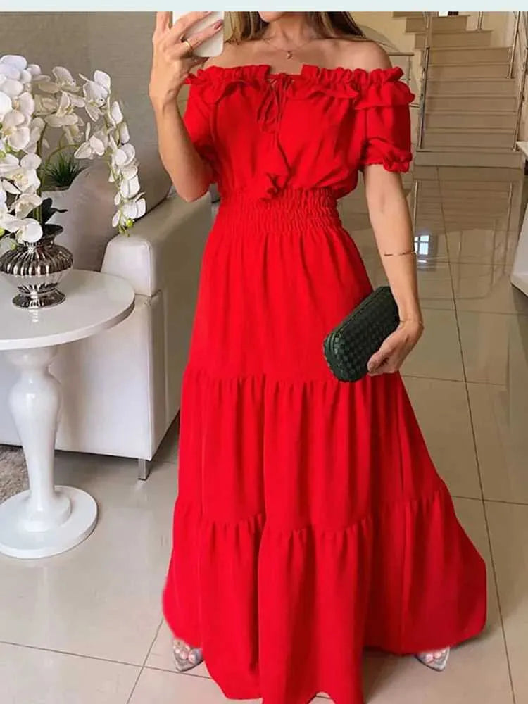 Basic Casual Dresses 2024 Summer Solid Boho Dress Women Fashion Elegant Beach Party Dress Casual Slash Neck Office Maxi Dresses For Woman Robe FemmeL2404