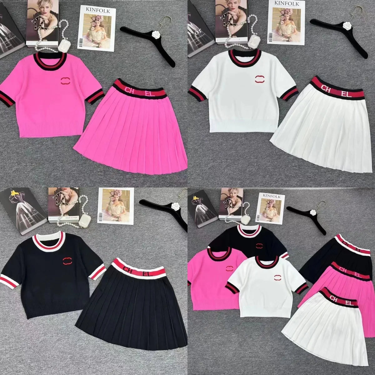 2024 designer summer new letter embroidery round neck short sleeve high quality knitwear + elastic waist pleated skirt two-piece set for women