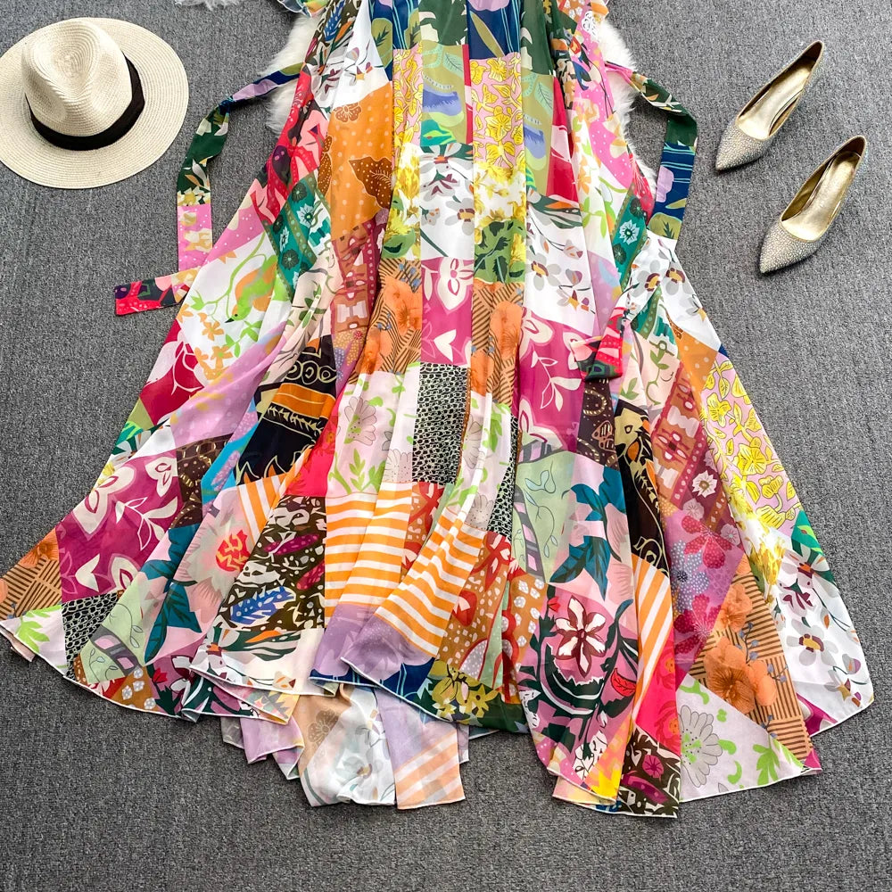 Casual Dresses Summer Bohemian Women Short Sleeve Sashes High Waist Oversize Chic Dress Fashion Floral Loose Pleated A Line Long Dress 2024