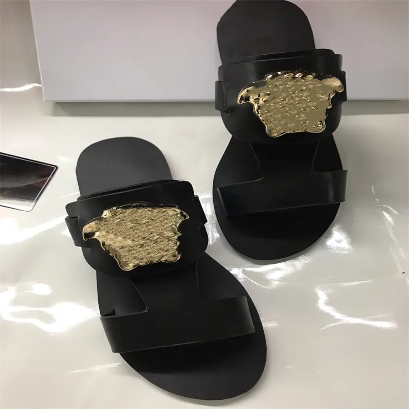 A classic sandals women's shoes designer shoes slippers fashion lettered printed leather flat bottomed sandals luxury wedding party dress shoes sizes 34-43