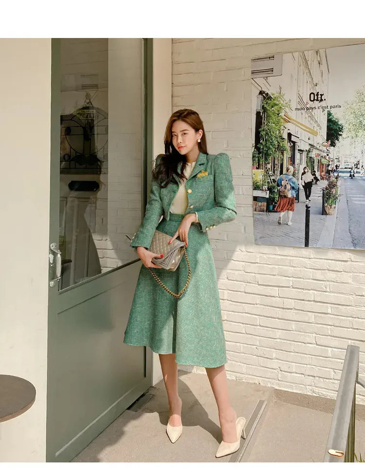 Two Piece Dress Elegant Tweed Woolen Jacket and Long Skirt Two Piece Set Women Autumn Winter Dress Suit Fashion Designer Green Party Outf 2024