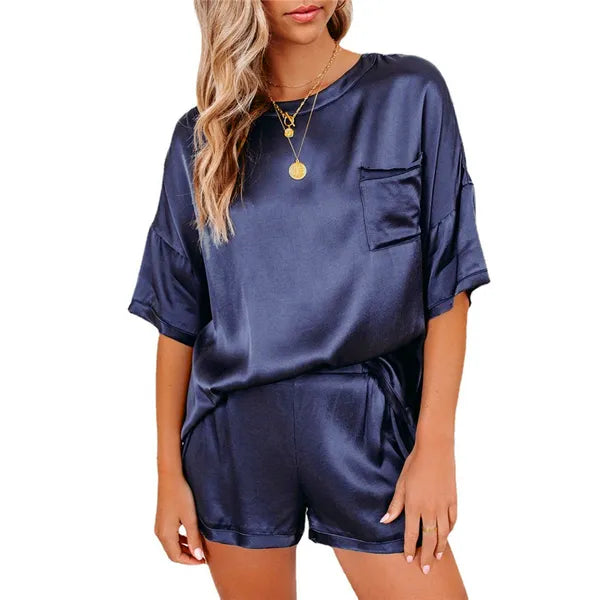 Women's Tracksuits Satin Silk Women Sets Pockets T Shirts and Elastic Waist Shorts Suit Pajama Spring Summer 2 Piece Set Homewear G2598 230209