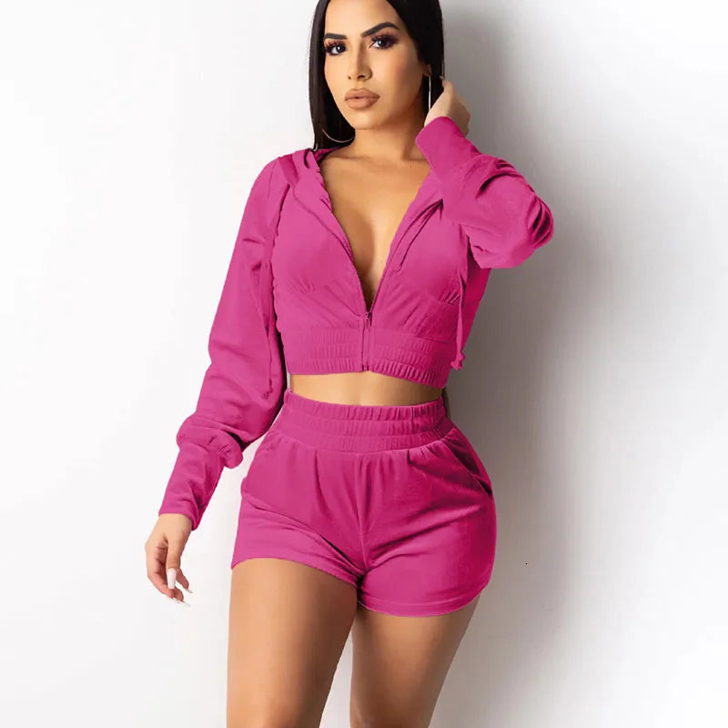 Womens Tracksuits Velour Women Two Piece Set Zipper Hooded Jacket Crop Top With Shorts Suit Juicy Coutour Velvet Sets Outfits 230209