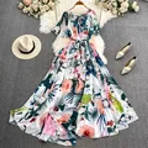 Casual Dresses Summer Bohemian Women Short Sleeve Sashes High Waist Oversize Chic Dress Fashion Floral Loose Pleated A Line Long Dress 2024