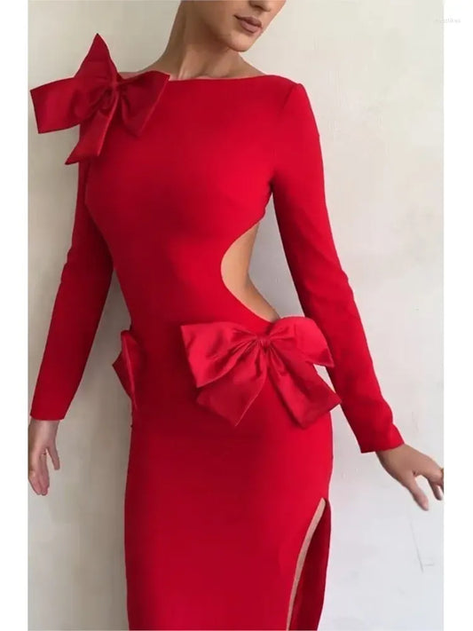 Casual Dresses Christmas Red Bow Backless Gown Dress Long Sleeve High Split Side Cut Out 2023 Ladies Party Festival Evening Robes