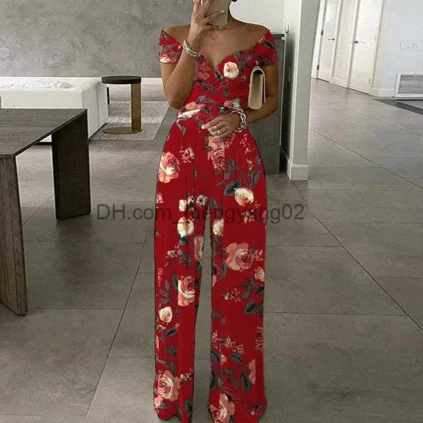 Women's Jumpsuits Rompers Floral Print Jumpsuit Summer Chic Women Straight Party Overalls Y2k Club Romper Elegant Off Shoulder Sleeveless Party Jumpsuits T230504