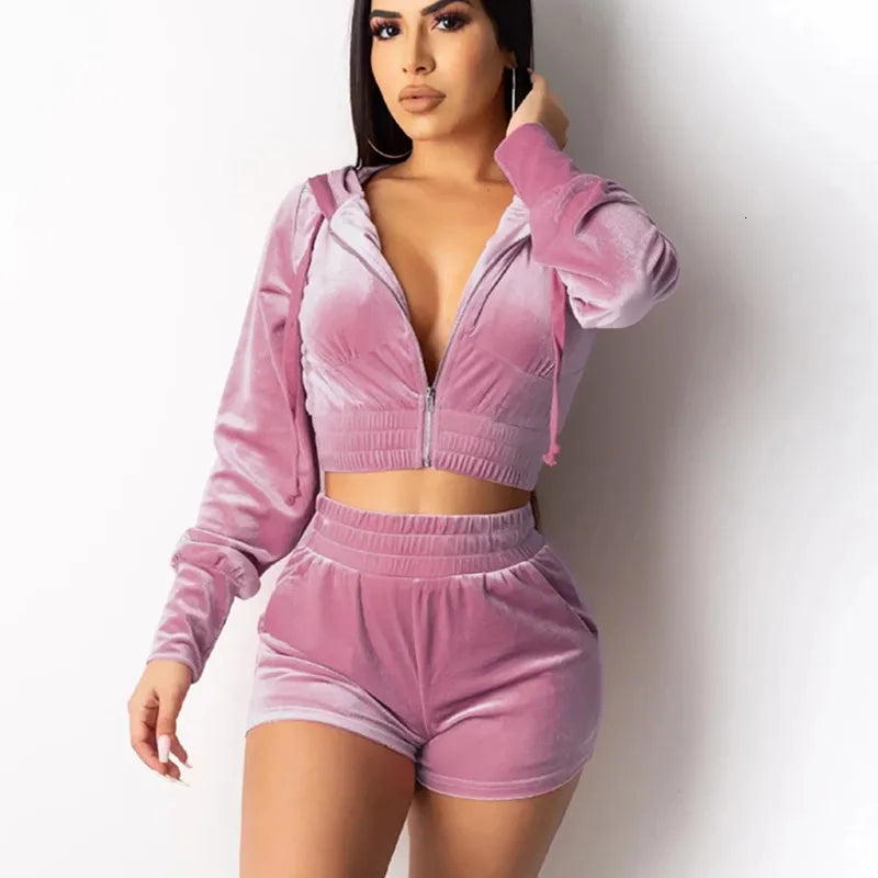 Womens Tracksuits Velour Women Two Piece Set Zipper Hooded Jacket Crop Top With Shorts Suit Juicy Coutour Velvet Sets Outfits 230209