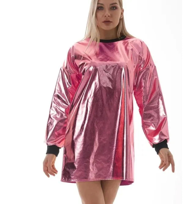 Casual Dresses Women Casual Loose Holographic Dress O-neck Long Sleeve Metallic Wetlook Oversized Mini Dress Laser Patchwork Dress Vestidos