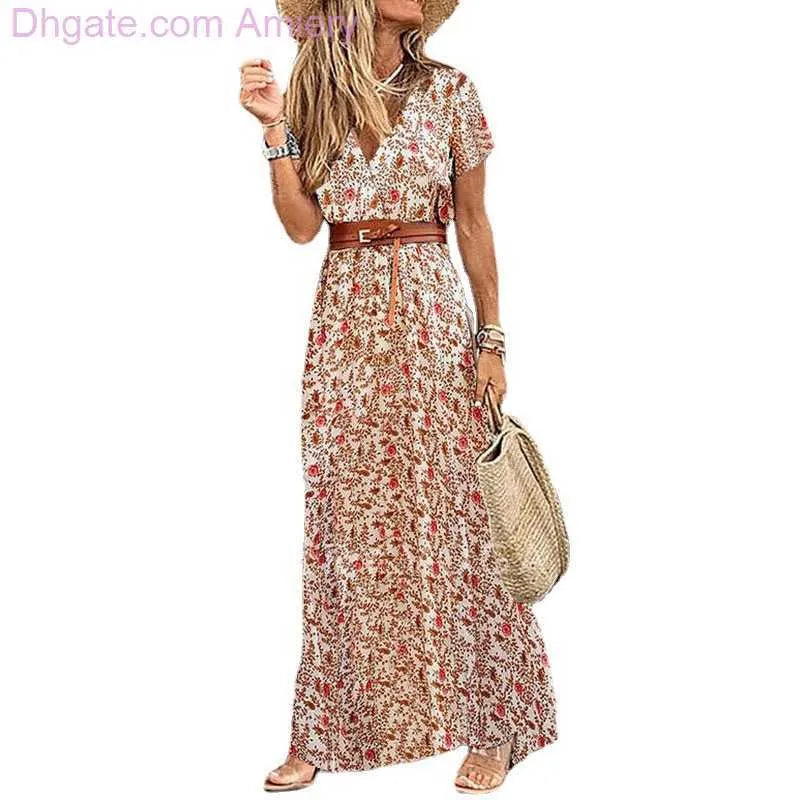 Women's Designer Summer Dress Fashion Bohemian V-neck Floral Elegant Beach Maxi Dresses For Woman Robes Vestidos Ladies Vacation Holidy Skirt