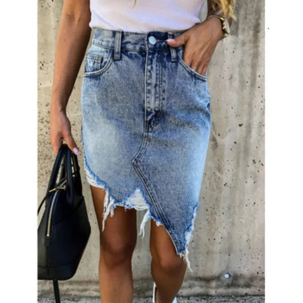 2024 Summer Casual Irregular Wrapped Hip Fringe Perforated Denim Skirt