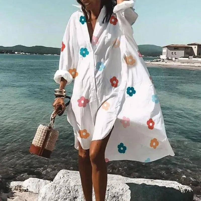 Casual Dresses Oversized Shirt Dress Women Summer Print Button Long Sleeve Loose Beach Female Elegant Bohemian Vacation SundressCasual