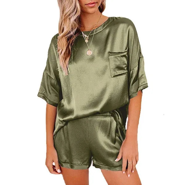 Women's Tracksuits Satin Silk Women Sets Pockets T Shirts and Elastic Waist Shorts Suit Pajama Spring Summer 2 Piece Set Homewear G2598 230209