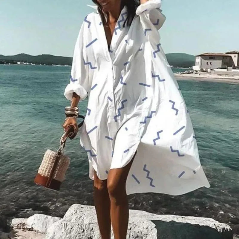 Casual Dresses Oversized Shirt Dress Women Summer Print Button Long Sleeve Loose Beach Female Elegant Bohemian Vacation SundressCasual