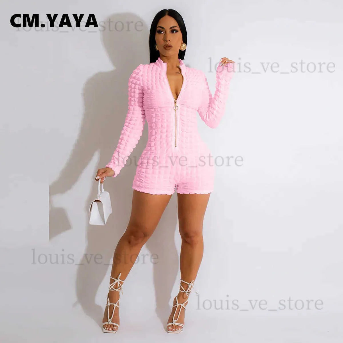 Women's Jumpsuits Rompers CM.YAYA Women Seersucker High Stretch Long Sleeve Zipper Fly Skinny Moto Biker Style Romper and Playsuit INS 2023 One Piece Suit T231202