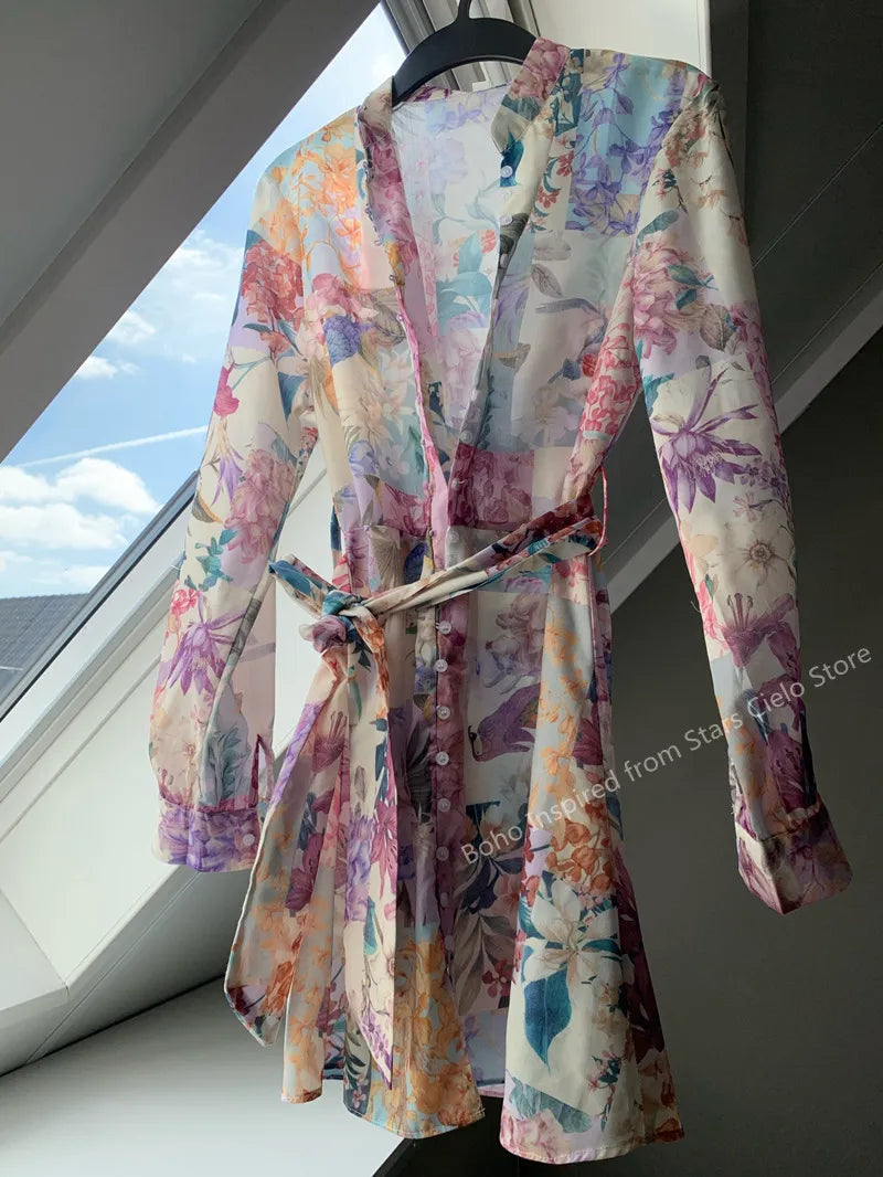 Casual Dresses BOHO INSPIRED MULTICOLORED FLORAL PRINT summer DRESS women buttons down belted long sleeve woman dress elegant ladies dress 0830