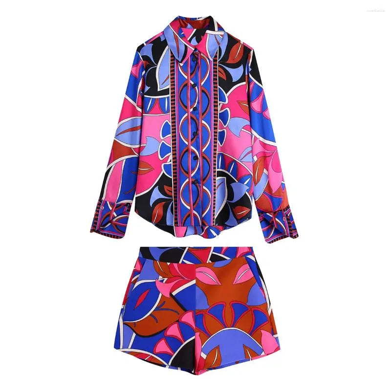 Women's Tracksuits Street Style Vintage Print Shorts Sets Long Sleeve Shirt And Co Ord Set Women Clothing 2024 Fashion Womens Two Peice