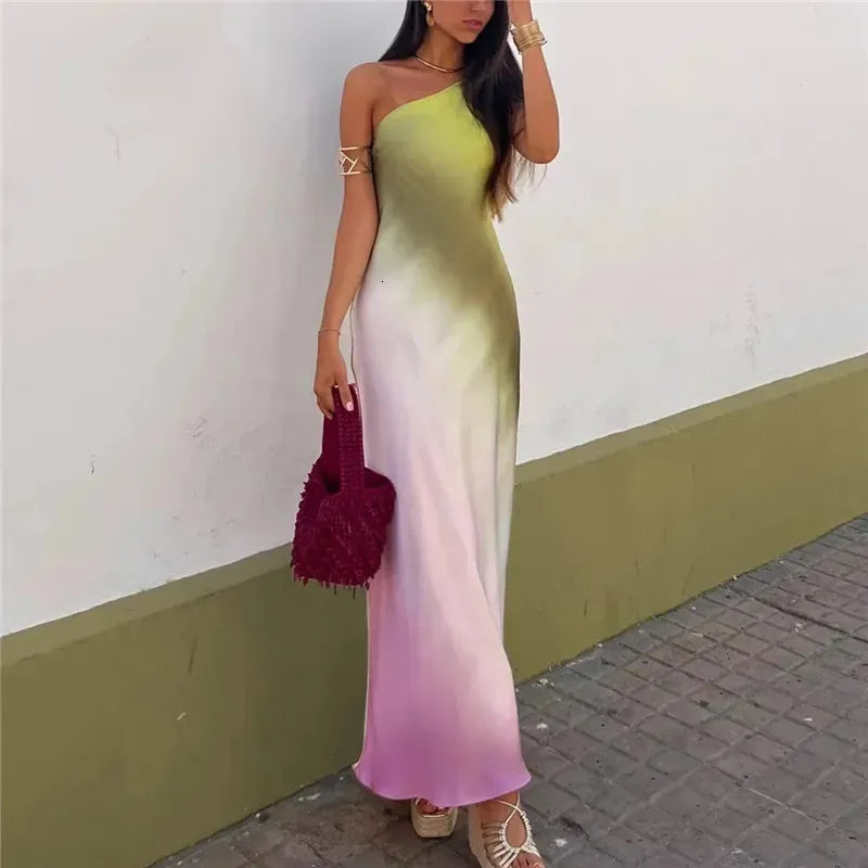 TRAF Tie Dye Long Dress Women Asymmertic Satin Backless Dress Woman Off Shoulder Sexy Evening Party Dresses Midi Summer Dresses 240320