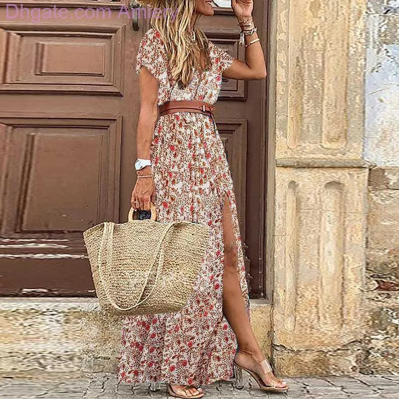 Women's Designer Summer Dress Fashion Bohemian V-neck Floral Elegant Beach Maxi Dresses For Woman Robes Vestidos Ladies Vacation Holidy Skirt