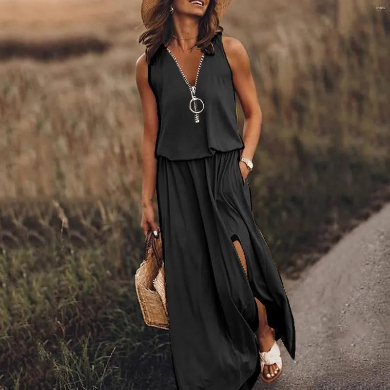 Casual Dresses Long Dress Summer Women Sleeveless Letter Print V Neck Zipper Pocket Split Up Beach Holiday For