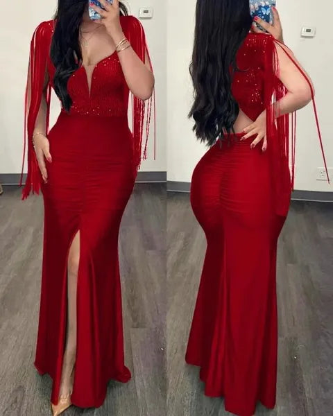 Casual Dresses Woman Sexy High Waist Evening Fashion Women's Clothes Rhinestone Cold Shoulder Slit Ruched Elegant Party Dress For Women