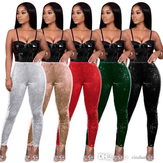 Womens Sequins Pants 2023 New Designer High Elastic Leggings Jeans Plus Size Bodycon Capris 5 Colors Sexy Bead Piece Lined Slim Fit Pant