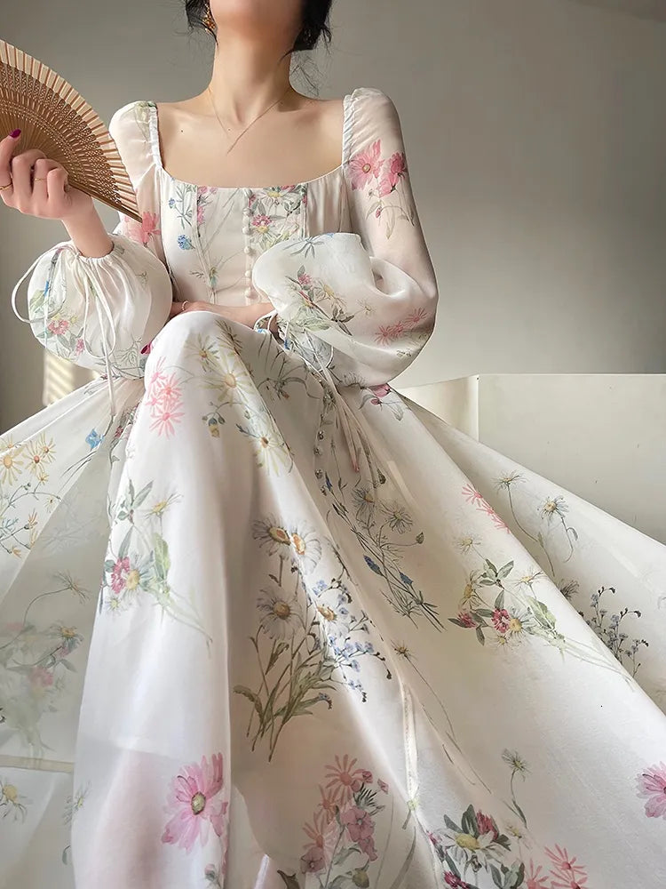 Casual Dresses French Elegant Floral Midi Dress Chiffon Long Sleeve Evening Party Dress Woman Beach Fairy Dress Korean 2023 Summer 230313