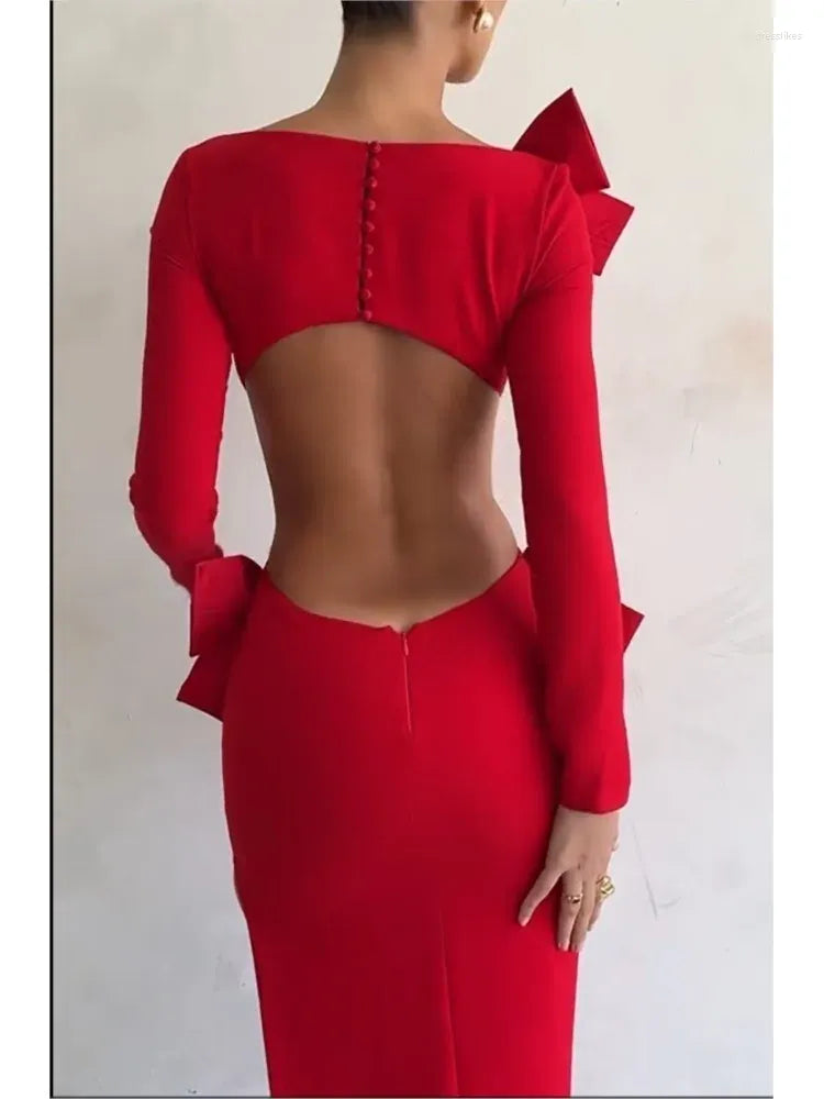 Casual Dresses Christmas Red Bow Backless Gown Dress Long Sleeve High Split Side Cut Out 2023 Ladies Party Festival Evening Robes