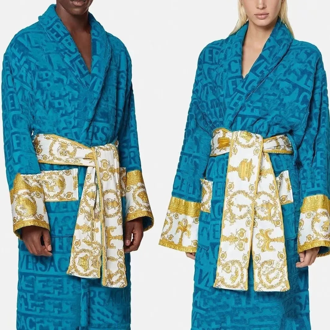 bath robe long bathrobe designer cardigan Lovers Longstyle LUXURY European printing bright 100% cotton luxurious Couple BathRobe wholesale 2 pairs price 10% off