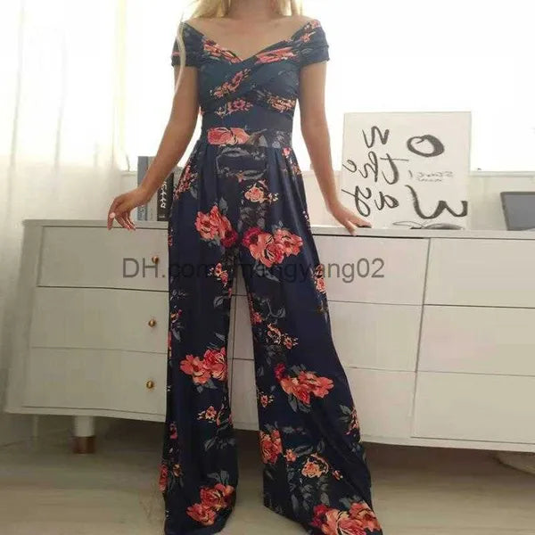 Women's Jumpsuits Rompers Floral Print Jumpsuit Summer Chic Women Straight Party Overalls Y2k Club Romper Elegant Off Shoulder Sleeveless Party Jumpsuits T230504