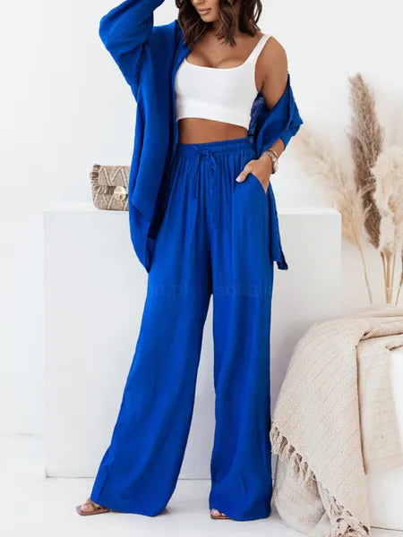 Women's Two Piece Pants KarSaNy Long Sleeve Loose Shirts Set Woman Sets For Women High Waist Wide Leg Trousers Suits Spring 230313