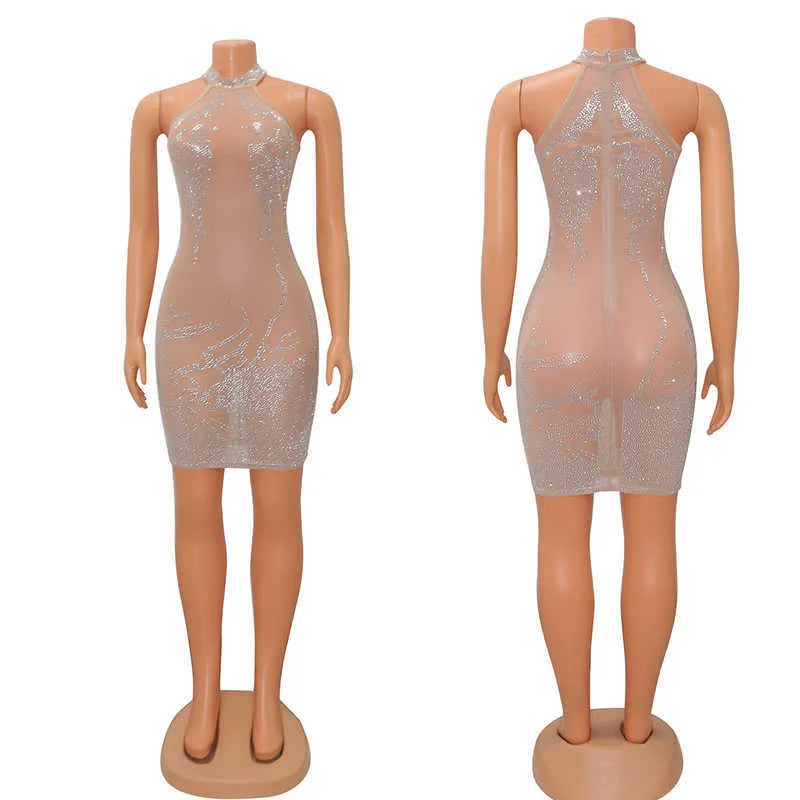 Casual Dresses Mesh Sheer See Through Sexy Party Dress for Women Party Club Night Mini Bodycon Dress Luxury Rhinestone Sparkly Birthday Dress T230210