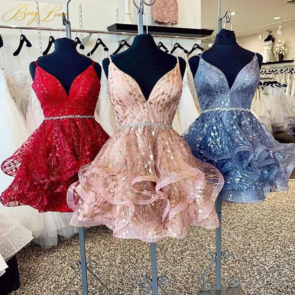 Berylove Homecoming Dresses Spaghetti Straps Sparkle Graduation Dress Mini Above Knee Party Dresses Prom Cocktail Dress 231227