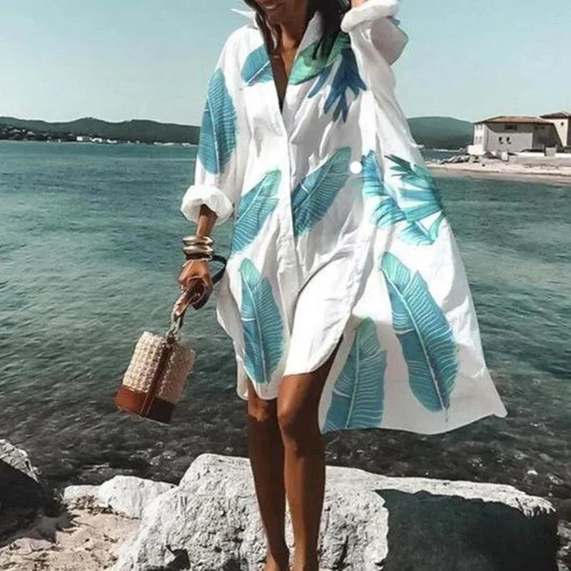 Casual Dresses Oversized Shirt Dress Women Summer Print Button Long Sleeve Loose Beach Female Elegant Bohemian Vacation SundressCasual