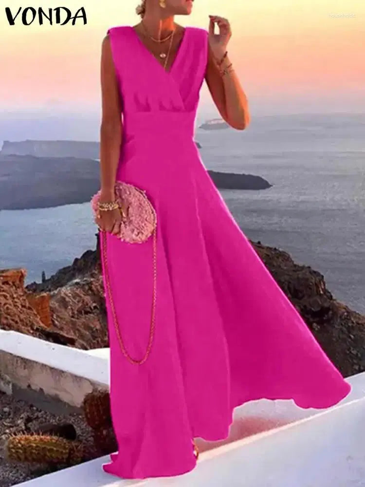 Casual Dresses Summer VONDA Oversized Women Maxi Long Dress 2024 Sexy Deep V-Neck Solid Color Sundress Sleeveless Satin Robe