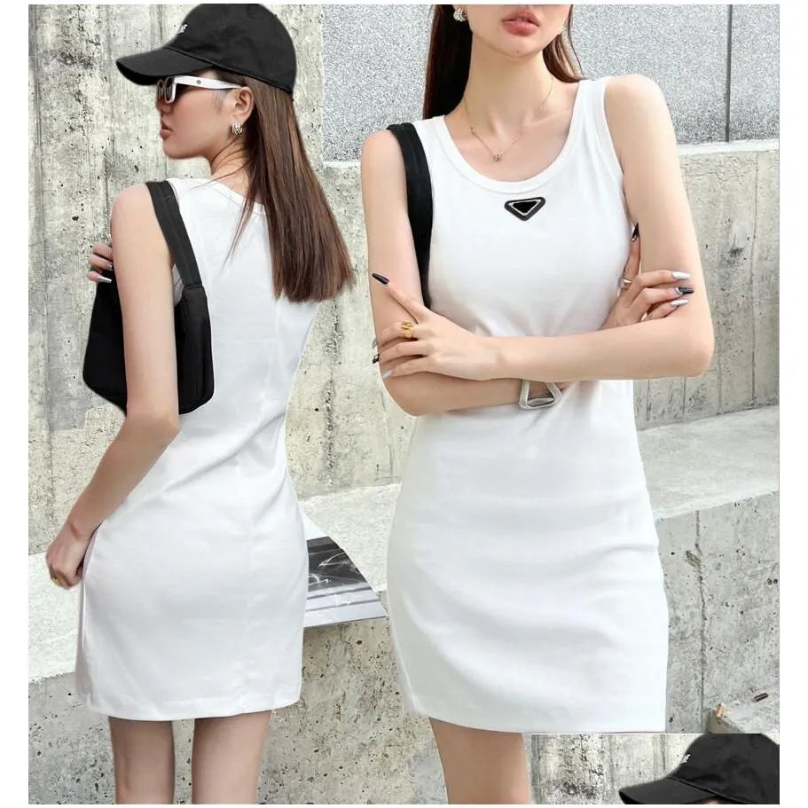 Basic Casual Dresses P-Ra Designer Womens Summer Fashion Brands Tops Tank Dress Knitted Cotton U Neck Sleeveless Solid Sexy Elasti Dhvvp