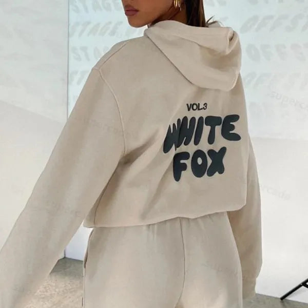 Sweatshirts WF-Women Women's Hoodies Letter Print 2 Piece Outfits FOX Cowl Neck Long BLACK WHITE Sleeve Sweatshirt and Pants Set Tracksuit Pullover Hooded Sports suit