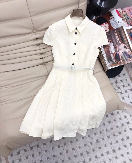 2024 Black/White Spring Short Sleeves Lapel Neck Buttons Print Belt Women Dress Designer High End Womens Runway Dress 31409