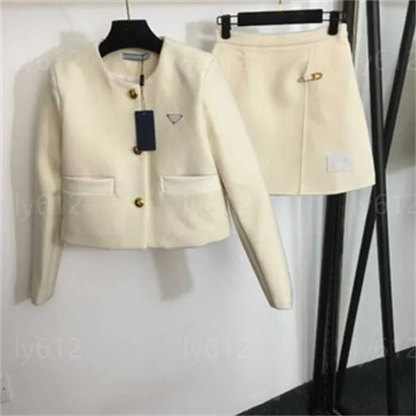 two piece set women designer womens clothing new tweed suit triangle label embellished round neck long sleeve jacket pin embellished skirt sets woman outfits