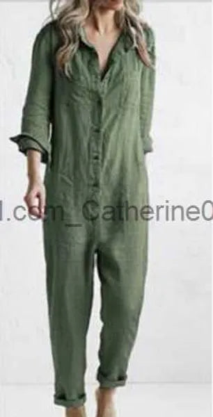 Women's Jumpsuits Rompers Cotton Jumpsuit Sexy Vintage Romper Long Pants Women Slim Bodycon Jumpsuits Long Sleeve Army Green Solid Casual Cargo Pants T231023