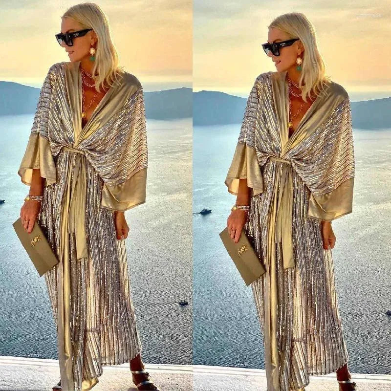 Casual Dresses Vintage Sequin Patchwork Women Kimono Cardigan Summer Batwing Sleeve Maxi Long Party Dress Elegant V-neck Evening