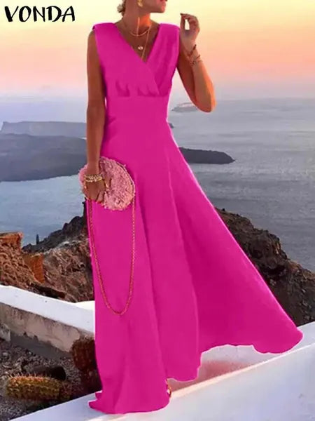 Casual Dresses Summer VONDA Oversized Women Maxi Long Dress 2024 Sexy Deep V-Neck Solid Color Sundress Sleeveless Satin Robe