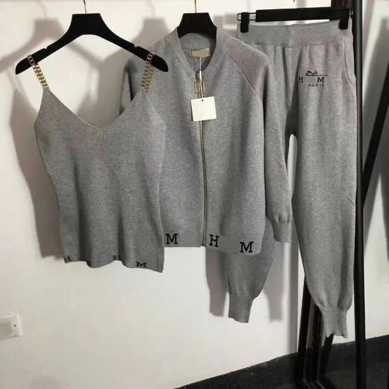 Fashion Knitted 3 Piece Set Designer tracksuits Women trousers sets Embroidered Letter Cardigan Jacket Sexy vest Sweatpants Fall Slim