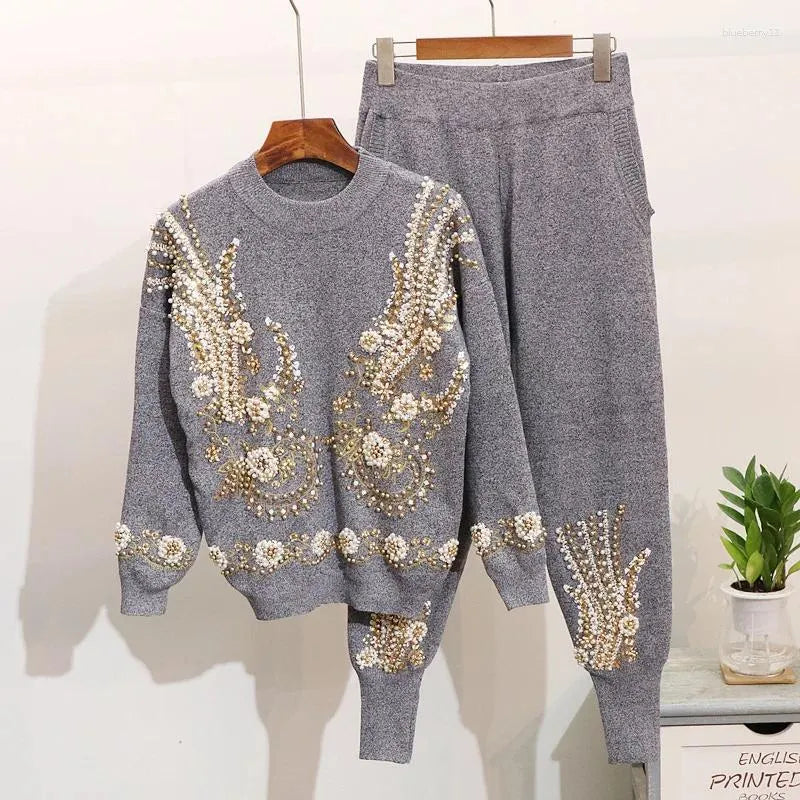 Women's Tracksuits Autumn Womens Beads Embroidery Knitwear Sweater Knitting Pants Two Piece Set Female