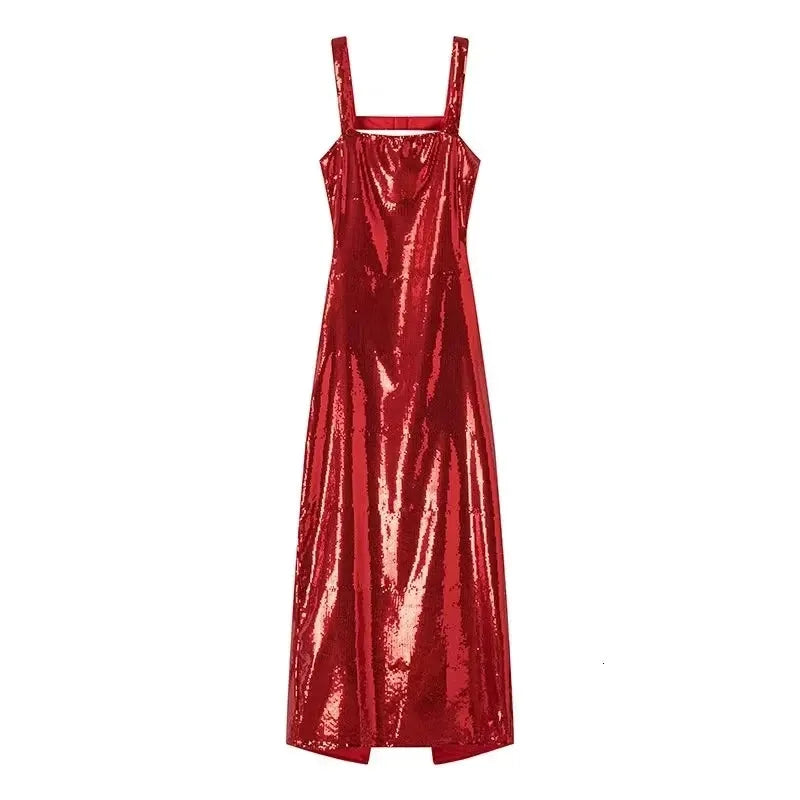 TRAF Backless Sequin Dress Woman Silver Red White Slip Long Women Glitter Sexy Party Dresses Midi Prom Evening 240415